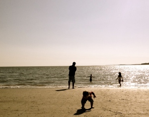Gustavo, his kids, and Bell, seaside